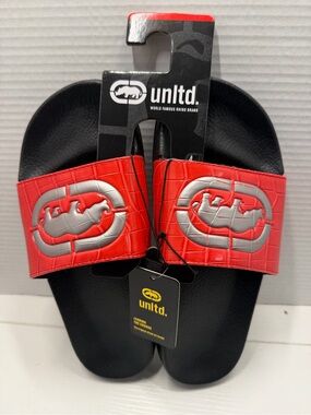 Ecko Unltd 3D Logo Red Crocodile-Embossed Strap Open Toe Slide Sandals Men’s 8